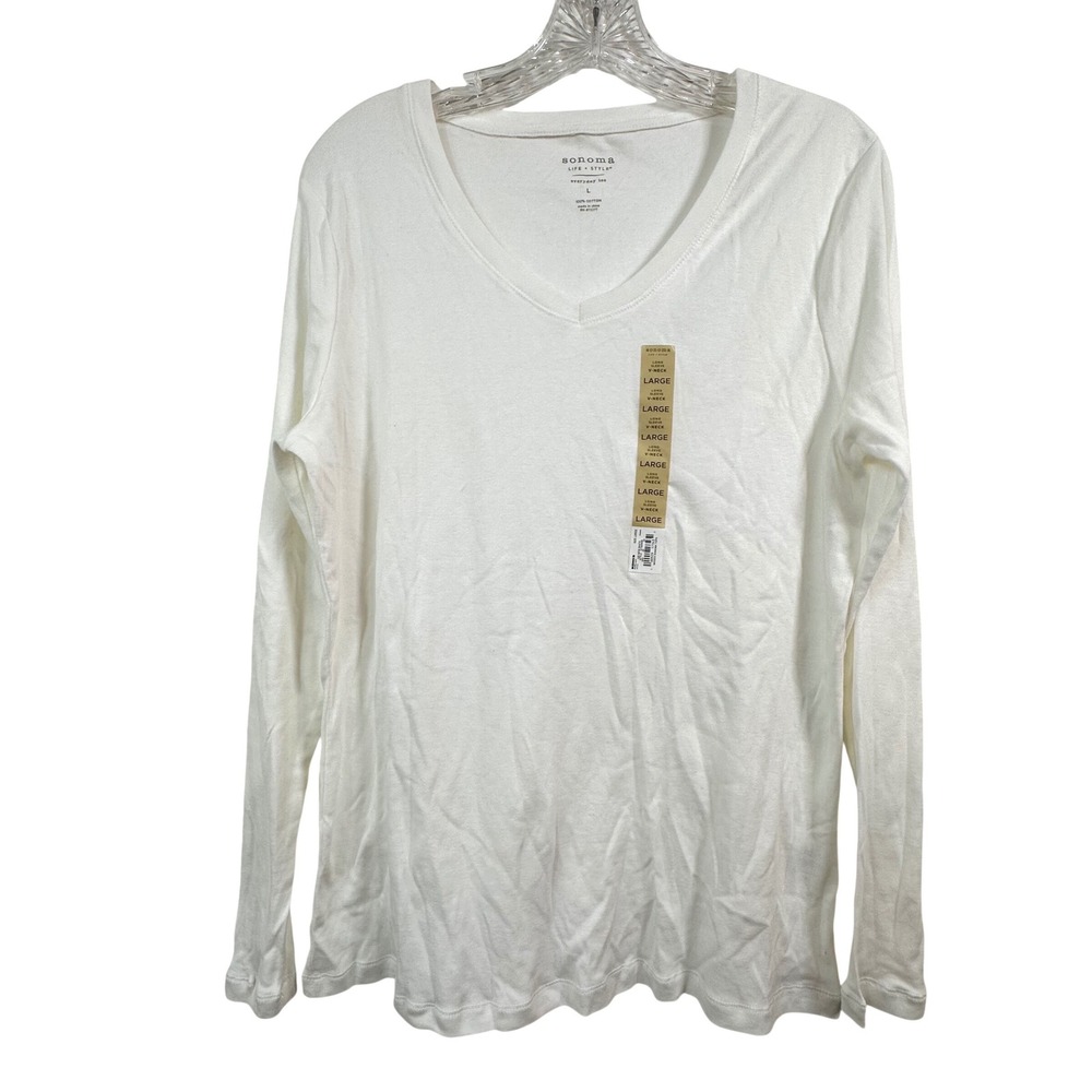 Sonoma Goods for Life White Everyday Tee Long Sleeve V-Neck 100% Cotton Large L